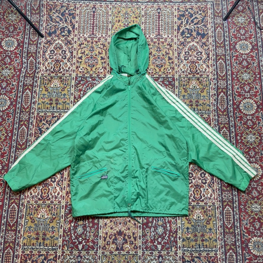 VTG Rare 60s 70s Adidas Logo Track Jacket Green‎ White Striped Hooded Zip Up 44L